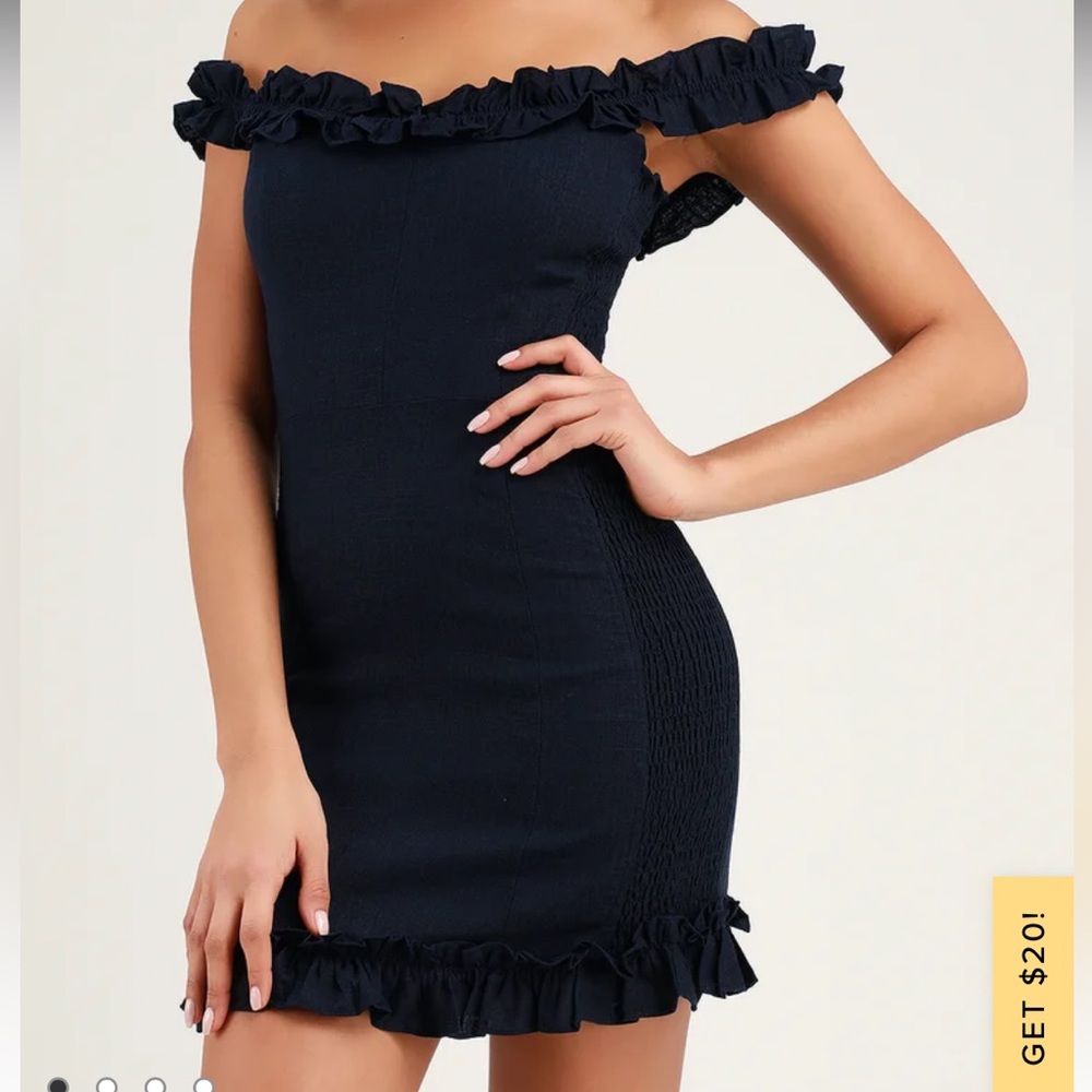 Lulu’s Elati Navy Blue Ruffled Off the Shoulder Bodycon Dress